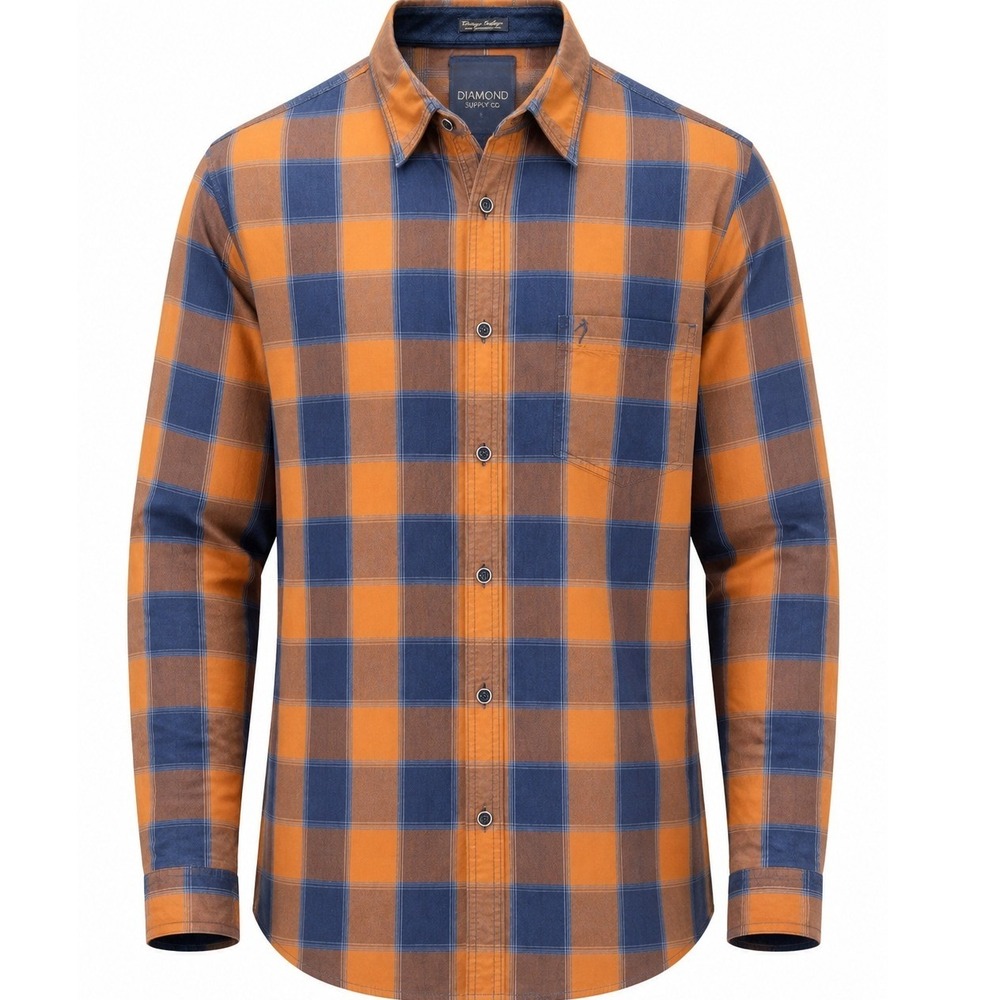 Indian Terrain Shirt Mens L Plaid Button Down Orange Blue Long Sleeve Casual L